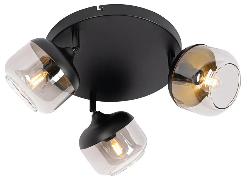 Candeeiro de teto design preto com dourado e vidro fumê 3-luzes redondo - Kyan Design
