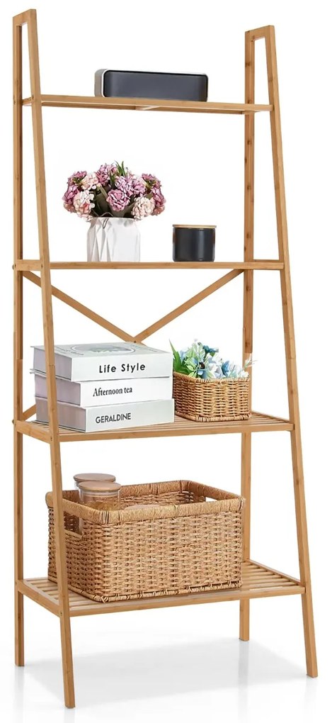 Estante de bambu para escadaria 4 níveis Suporte para plantas Anti-ponta para sala de estar e escritório 60 x 35,5 x 148 cm Natural