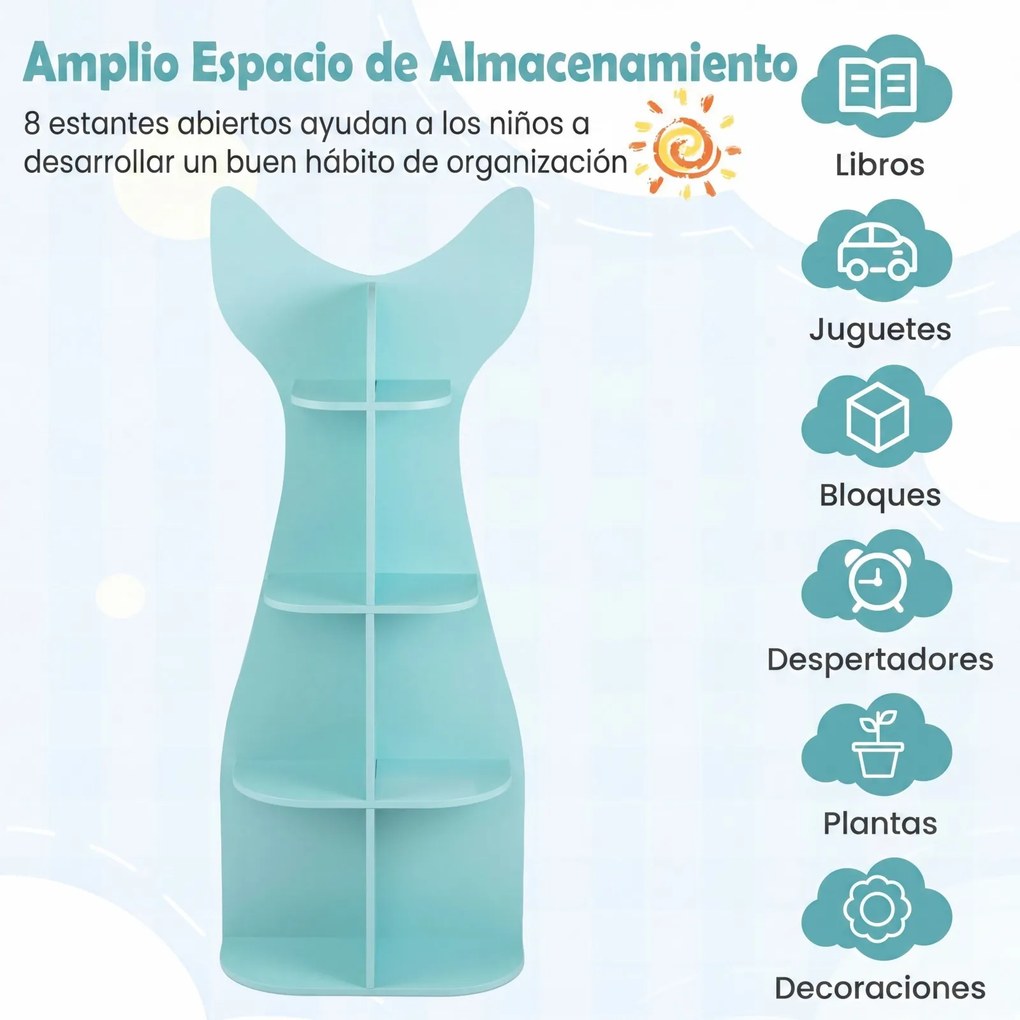 Estante infantil em forma de peixe com 8 compartimentos abertos para arrumação 48 x 20,5 x 120,5 cm, ideal para quartos infantis e creches Azul