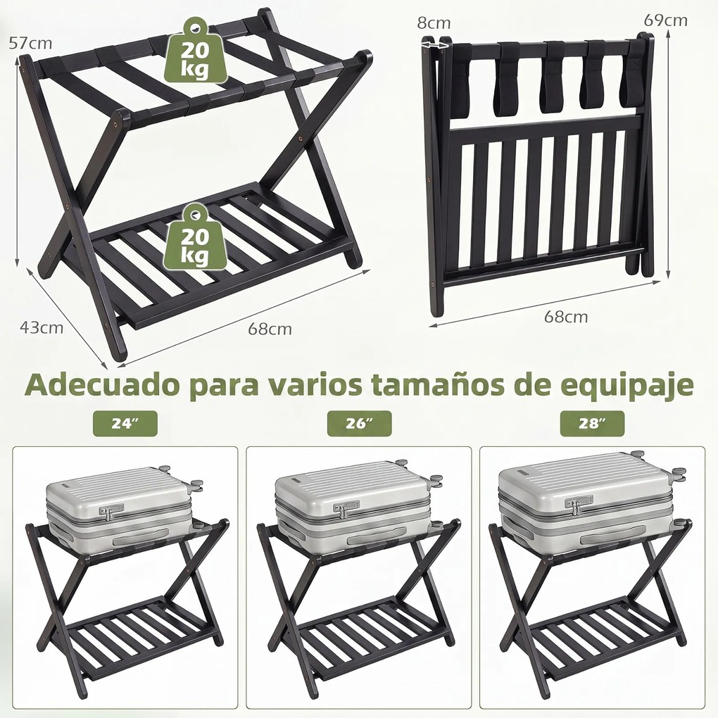 Suporte para Malas Dobrável, 68 x 41 x 57 cm, Dois Níveis, Preto