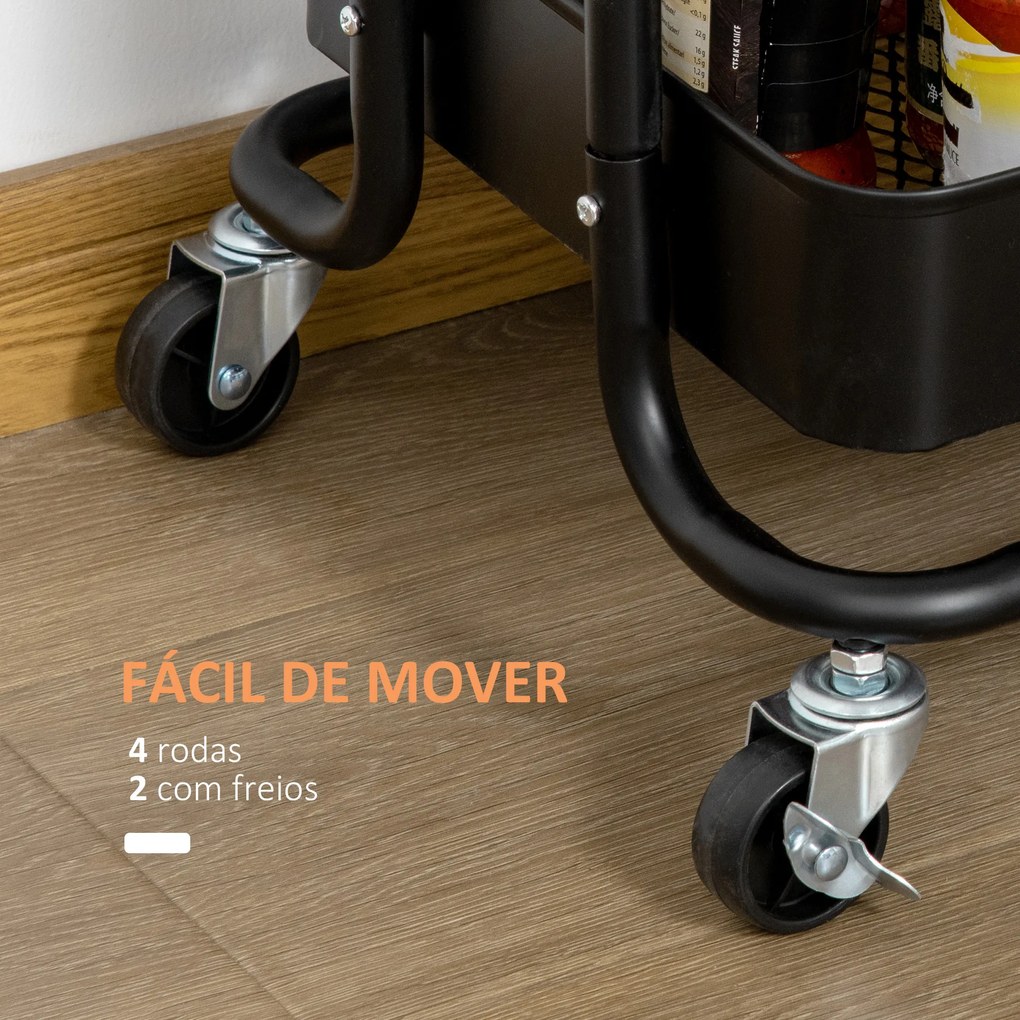 HOMCOM Carrinho de Cozinha com Rodas Carrinho de Armazenamento de 3 Níveis e Rodas com Freio para Sala de Estar Dormitório Escritório 46x34,5x76,5cm Preto