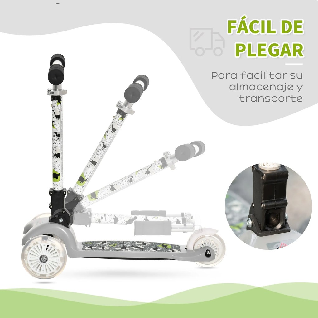 HOMCOM Trotinete para Crianças acima de 3 Anos Dobrável Trotinete com 3 Rodas com Luzes LED Guiador com Altura Ajustável e Freio Posterior Carga Máxima 50kg 54,7x32,5x59-69cm Cinza