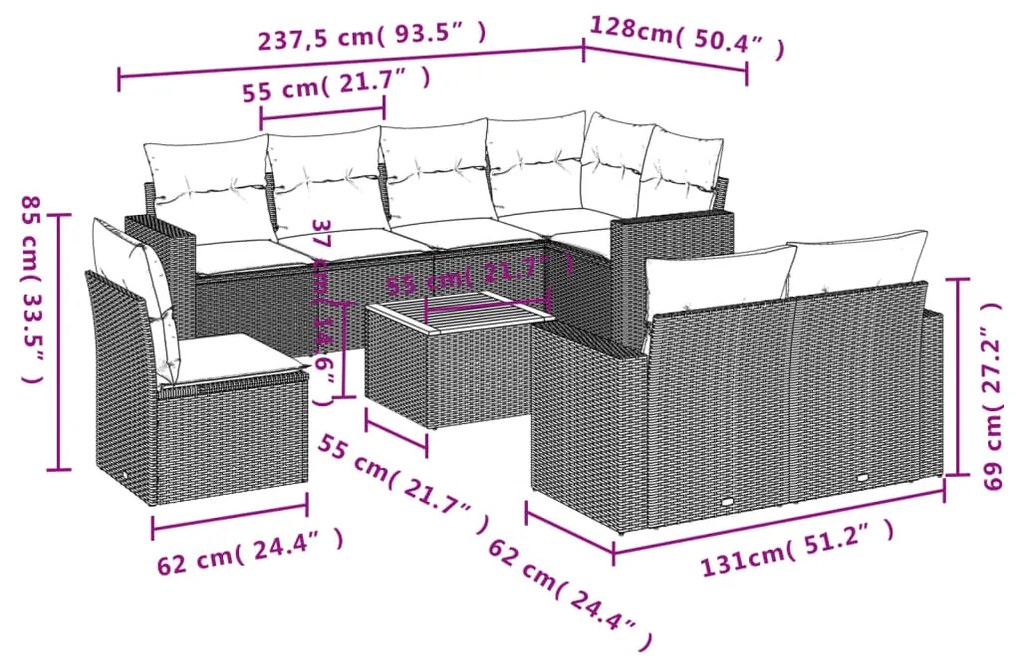 9 pcs conjunto de sofás p/ jardim com almofadões vime PE bege