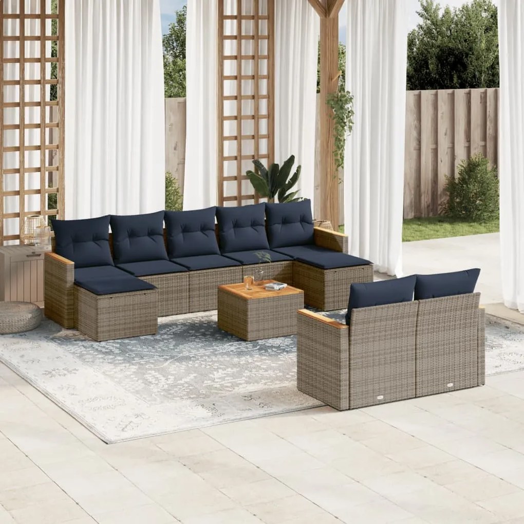 vidaXL 10 pcs conjunto sofás p/ jardim c/ almofadões vime PE cinzento