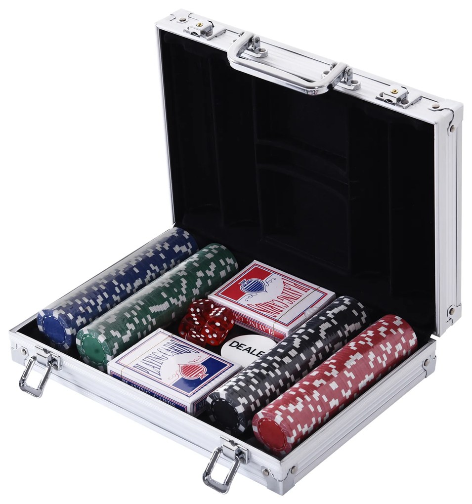 HOMCOM Mala Poker Profissional 200 Fichas Jogo Completo Maleta Alumínio 5 Dados 2 Baralhos 1 Ficha Dealer 29,5x20,5x6,5cm Multicor | Aosom Portugal