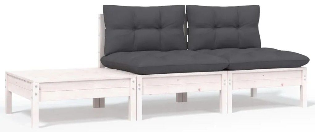 3 pcs conjunto lounge jardim c/ almofadões pinho maciço branco