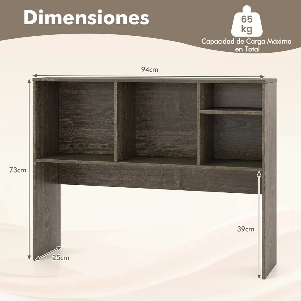 Estante organizadora de secretária 94 x 25 x 73 cm com 4 cubículos e compartimento traseiro aberto Café