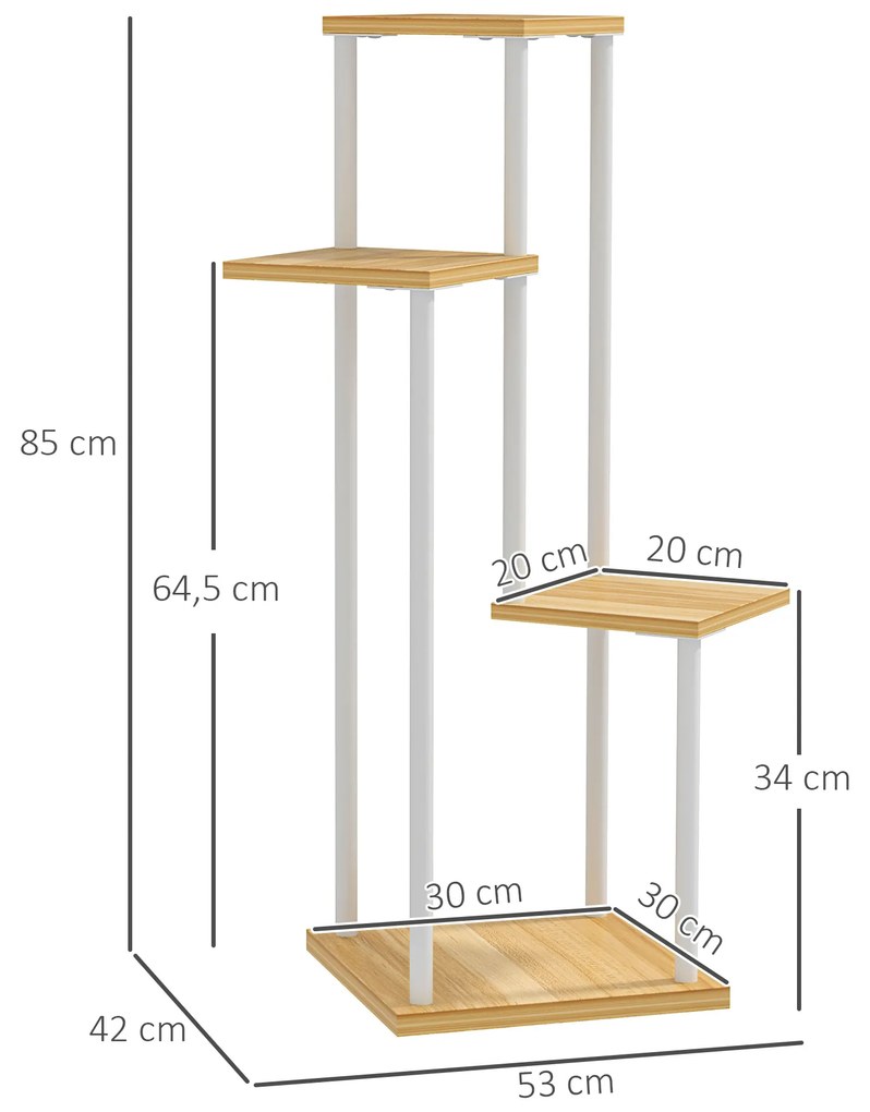 Suporte para Plantas de 4 Níveis de Madeira e Aço para Interior e Exterior 53x42x85 cm Madeira e Branco