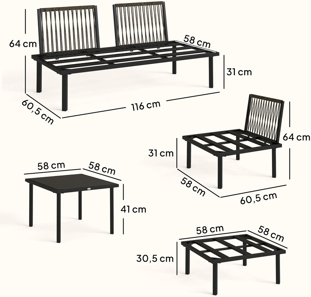 Conjunto de Jardim Exterior de 6 peças com Sofá de 2 Lugares Módulo de Canto 2 Assentos Apoio para Pés e Mesa de Vidro Cinza Claro