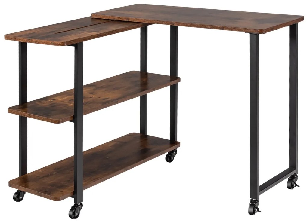 Secretária Mesa de Computador em Estilo Industrial com Rodas e Superfície Móvel e Estrutura Metálica para 80 x 30 x 67 cm Castanho Rústico