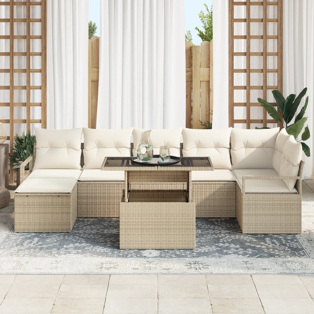 Conjunto de Sofá de Jardim vidaXL 8 Peças com Almofadas Bege Poliéster