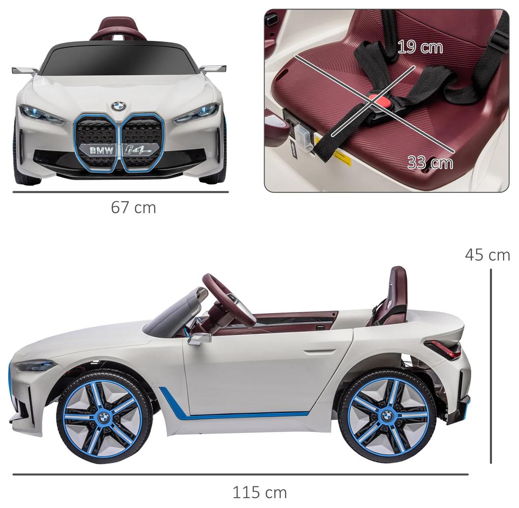 Carro Elétrico para Crianças BMW i4 12V com Controlo Remoto Música MP3 Ecrã Luzes e Cinto de Segurança 115x67x45 cm Branco