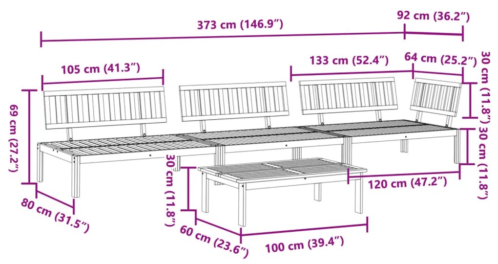 4 pcs conjunto de móveis de paletes p/ jardim acácia maciça