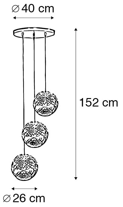 Candeeiro de suspensão Art Deco dourado redondo 3 luzes - Maro Art Deco