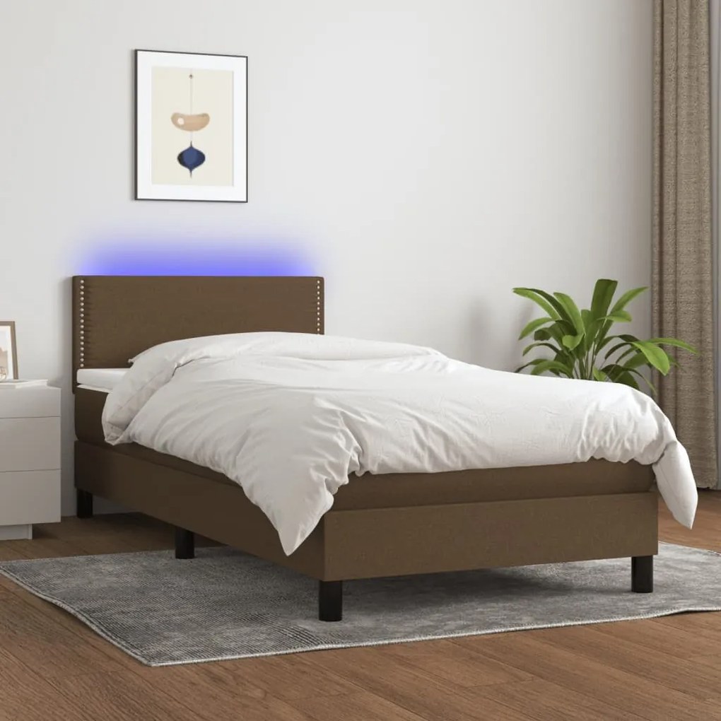 Cama box spring c/ colchão/LED 90x190 cm tecido castanho-escuro