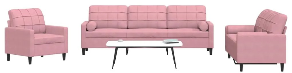 3 pcs conjunto de sofás com almofadões e rolos veludo rosa