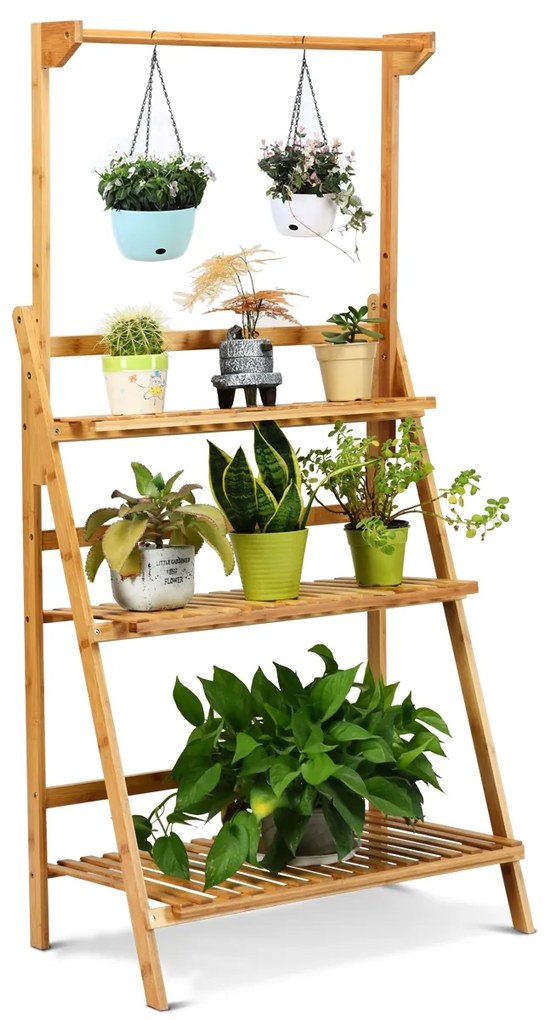 Estante decorativa dobrável para plantas e flores para interior, exterior, relvado, jardim, varanda, 70 x 40 x 120-144 cm bambu