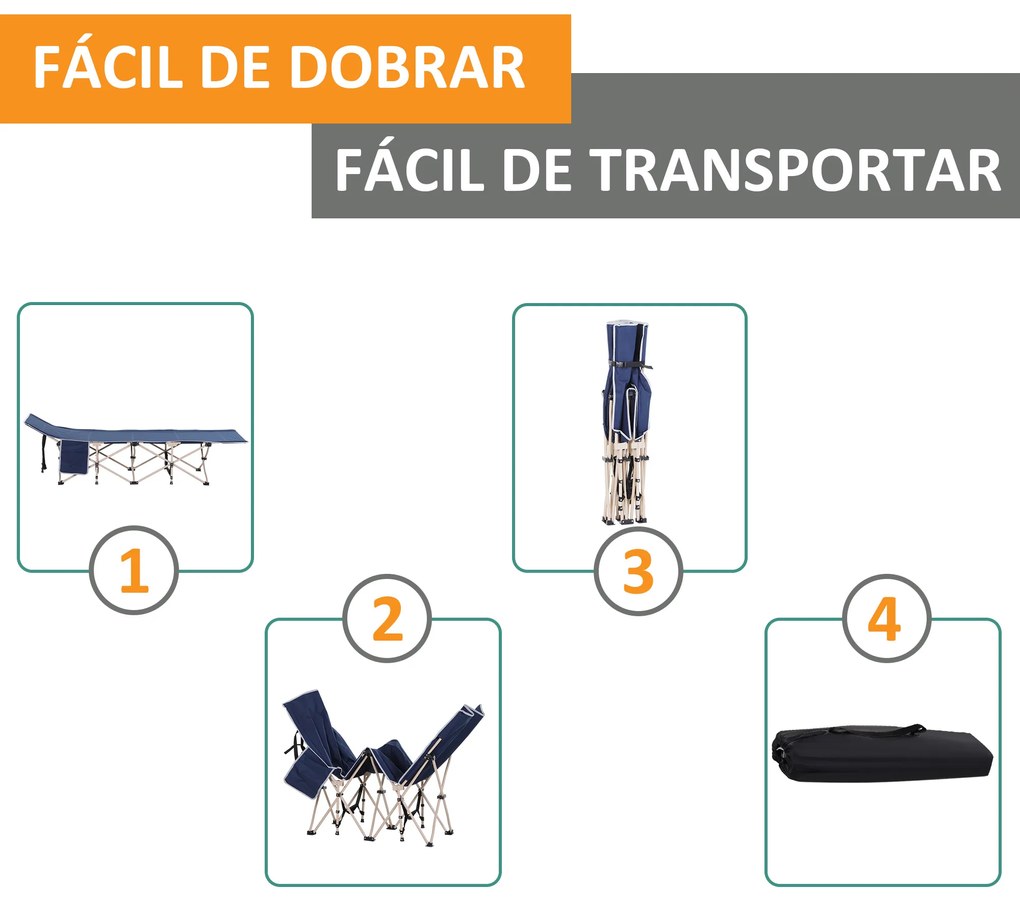 Cama de Campismo Dobrável com 1 Bolso Lateral Bolsa de Transporte e Estrutura de Aço C 190x68x52 cm Azul Escuro