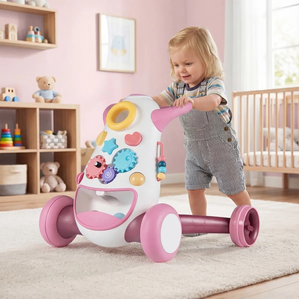 Andador Montessori para Bebés com Música Luzes Classificador Formas Engrenagens Giratórias Rosa