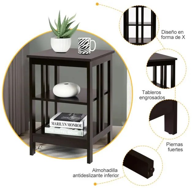 Mesa de cabeceira ou Mesa de apoio  com barras de reforço Mesa de apoio para sofá para quarto Sala de estar Corredor 40 x 40 x 61 cm Castanho