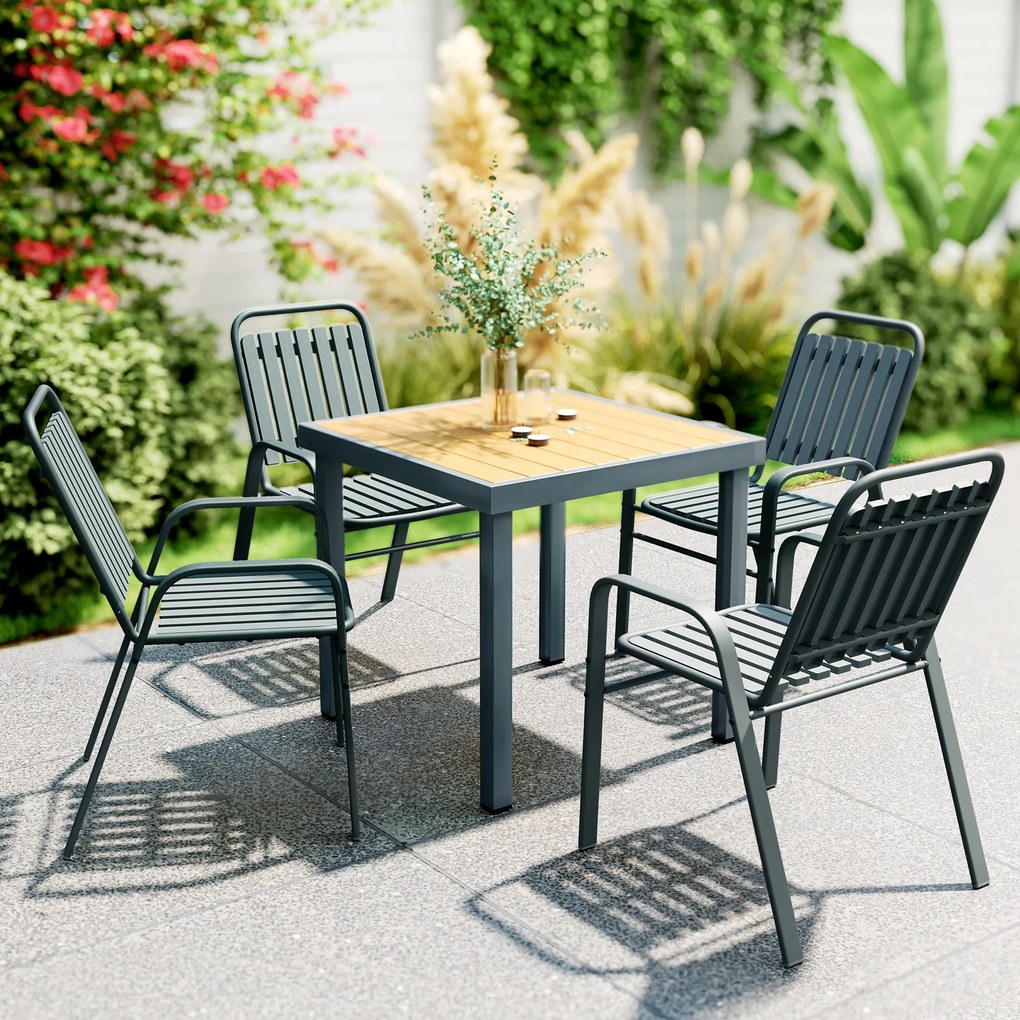 Conjunto de 4 cadeiras de jardim empilháveis para exterior (MESA NÃO INCLUÍDA) com encosto alto e braços, estrutura em aço, 56 x 66 x 91 cm, cinza