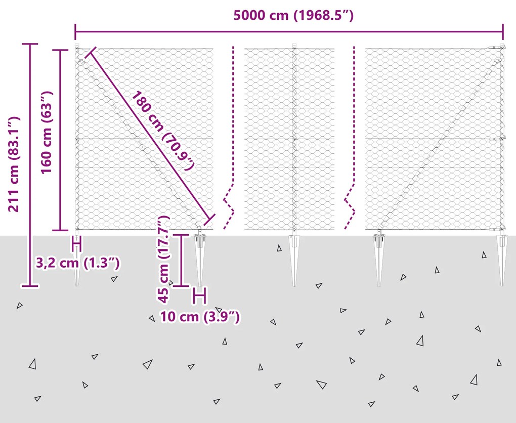 Cerca Hexagonal vidaXL Cinza 1.6x50 m Aço