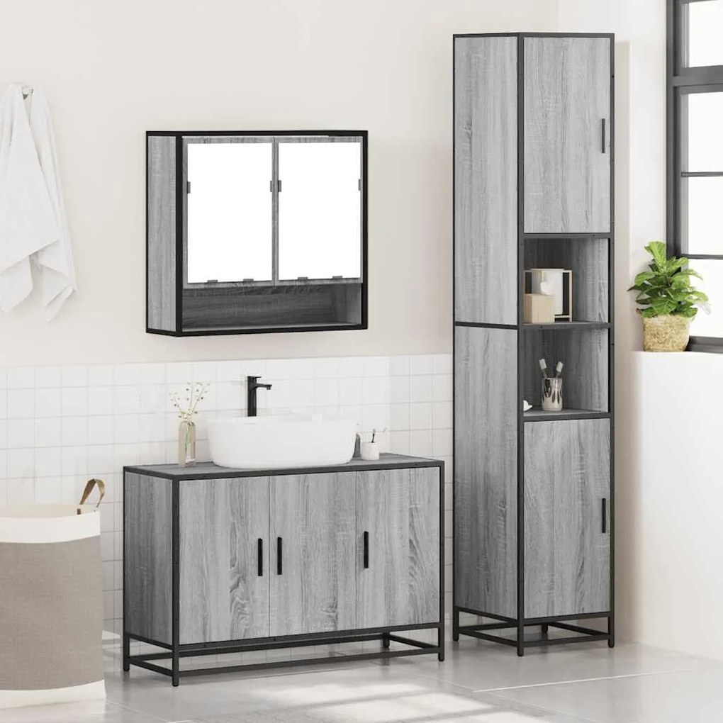 3 pcs Conjunto móveis casa de banho madeira proc. cinza sonoma