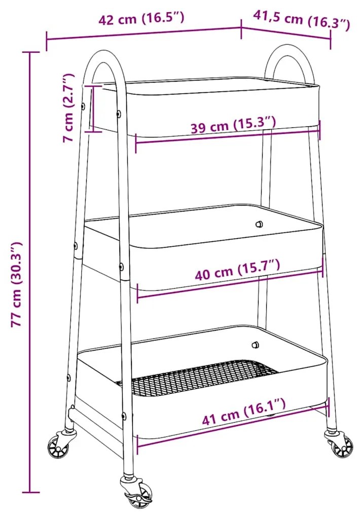 Carrinho de arrumação com 3 níveis 42x41,5x77 cm aço preto