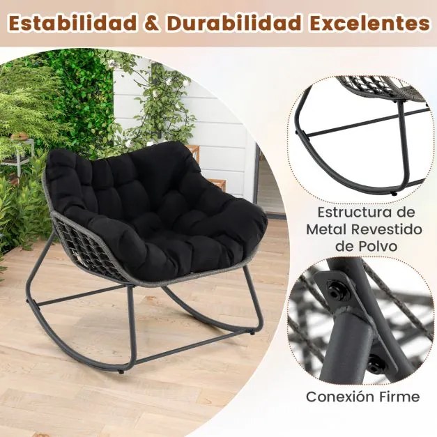 Poltrona de baloiço jardim ou sala com almofada grossa e removível extragrande Poltrona relaxante preta