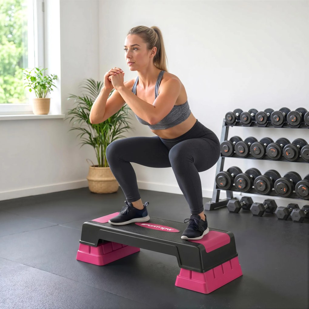 Step Aeróbico Step para Fitness com Altura Ajustável 12/17,5/22,5 cm Suporta 250 kg para Casa ou Ginásio Rosa