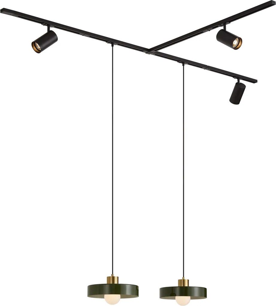 Sistema de calhas moderno preto com 2 candeeiros pendentes verdes e 3 focos monofásico - Iconic Jeana Luxe Jina