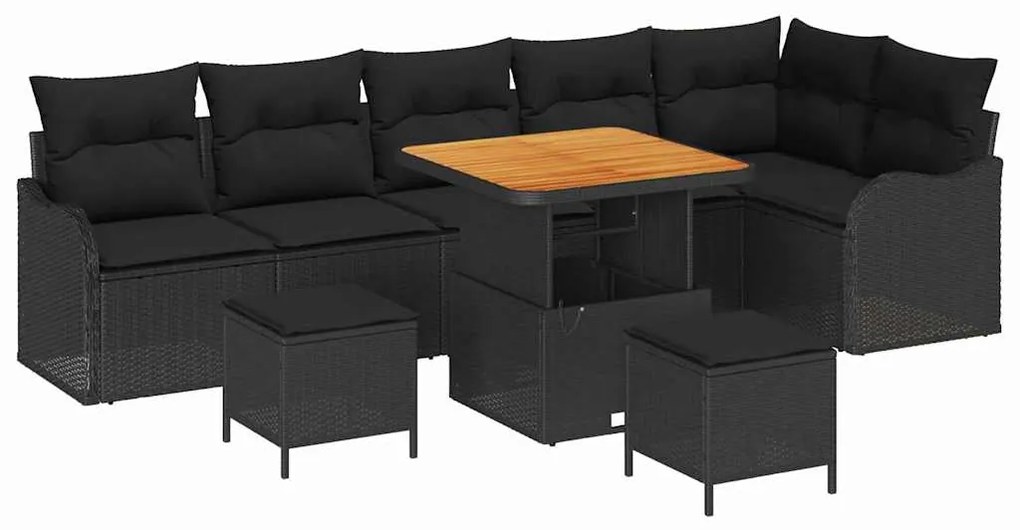 Conjunto de Sofá de Jardim de 9 Peças com Almofadas, Preto Rattan e Ac
