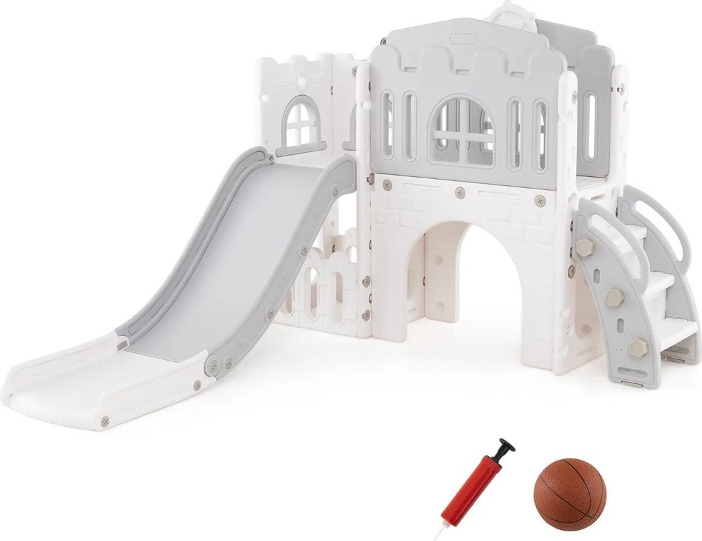 Escorrega infantil 9 em 1 com cesto de basquetebol, telescópio, ponte suspensa e túnel para 1+ anos 176 x 138 x 80 cm cinzento e branco