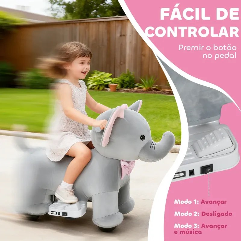 Elefante Elétrico com Música Bateria 6V 74x34x51 cm com Toque Suave Rodas Silenciosas de PU e Pedal Cinzento