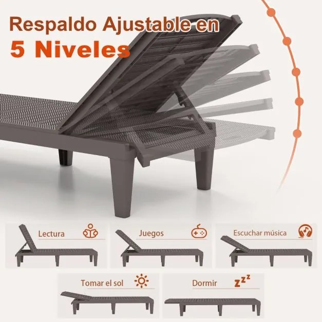 Conjunto de 2 espreguiçadeiras de Jardim 156 x 55 x 83 cm em PP com encosto ajustável em 4 posições Fácil montagem Castanho