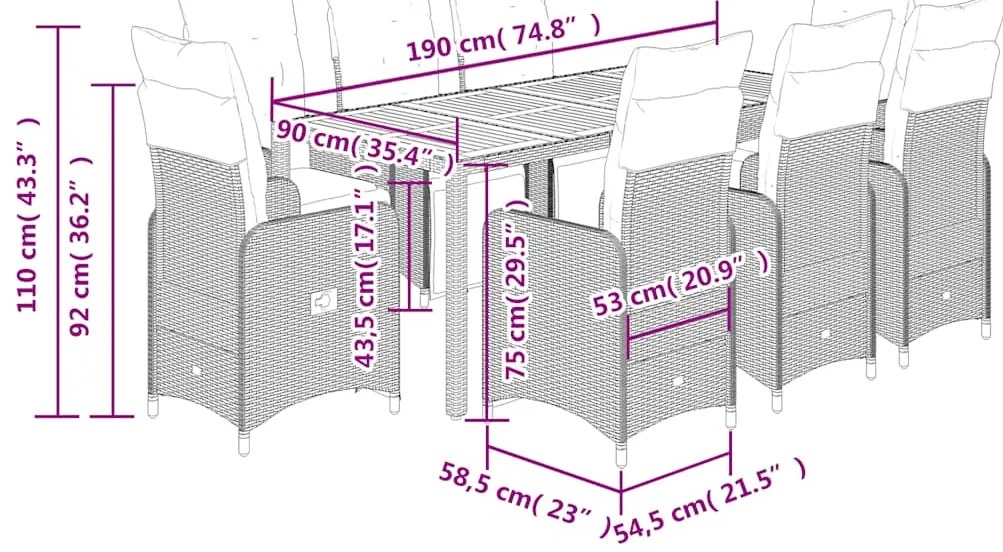 9 pcs conjunto bistrô de jardim c/ almofadões vime PE cinzento