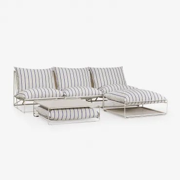 Conjunto De Jardim Amaro Com Sofá Modular De 3 Peças, Mesa Lateral E Pufe Conversível Tapioca Bege - Azul- Marinho - Sklum