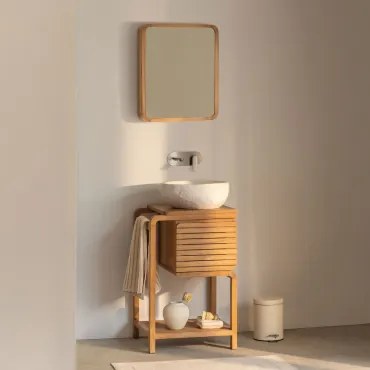 Conjunto De Móvel De Casa De Banho Em Madeira De Teca Bradley Irregular Em Cimento Branco ??40 Cm Fedro & Rectangular Esquina Arredondada - Sklum