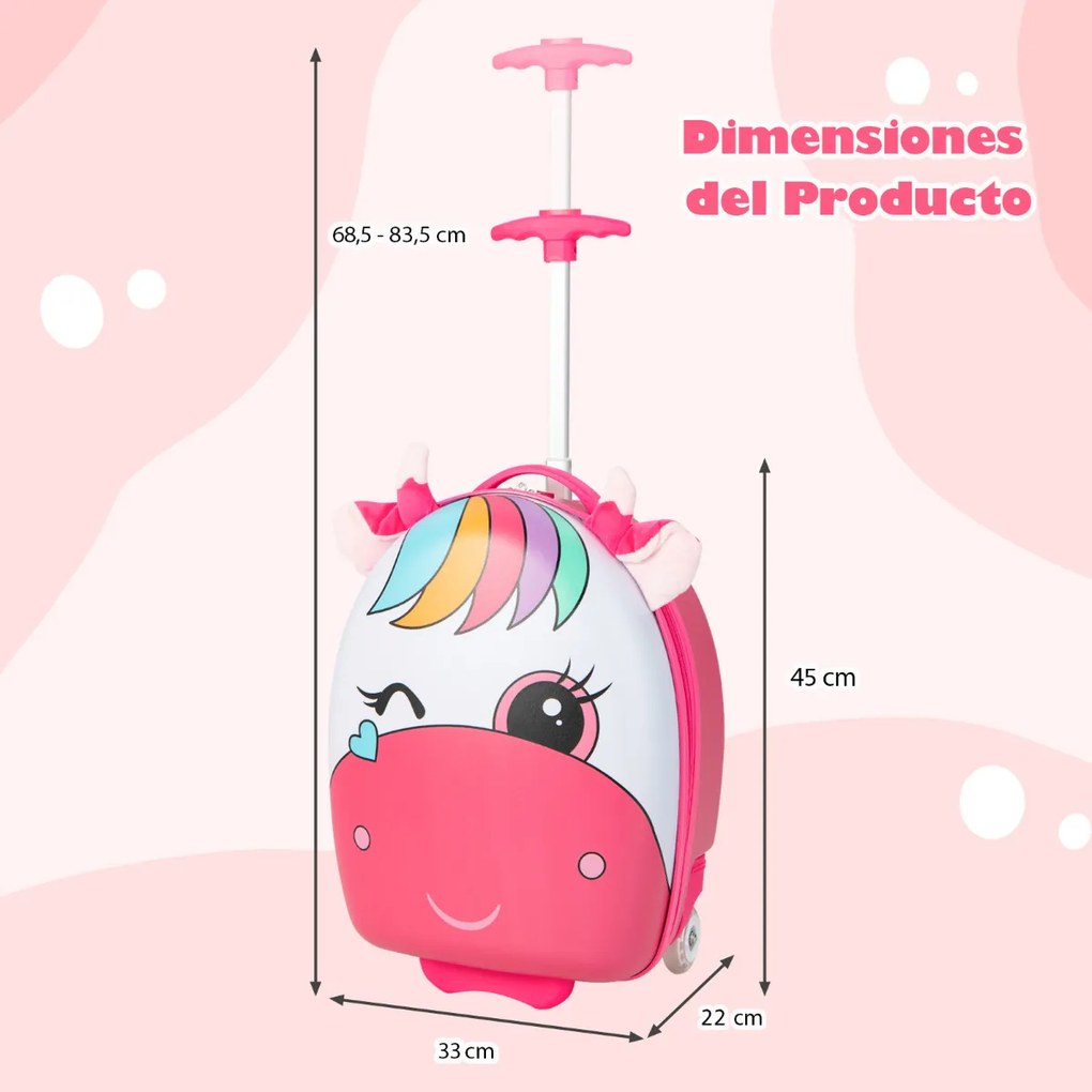 Mala viagem para crianças unicórnio mala de cabine rígida 2 rodas piscantes 2 camadas alça telescópica 33 x 22 x 45 cm Rosa