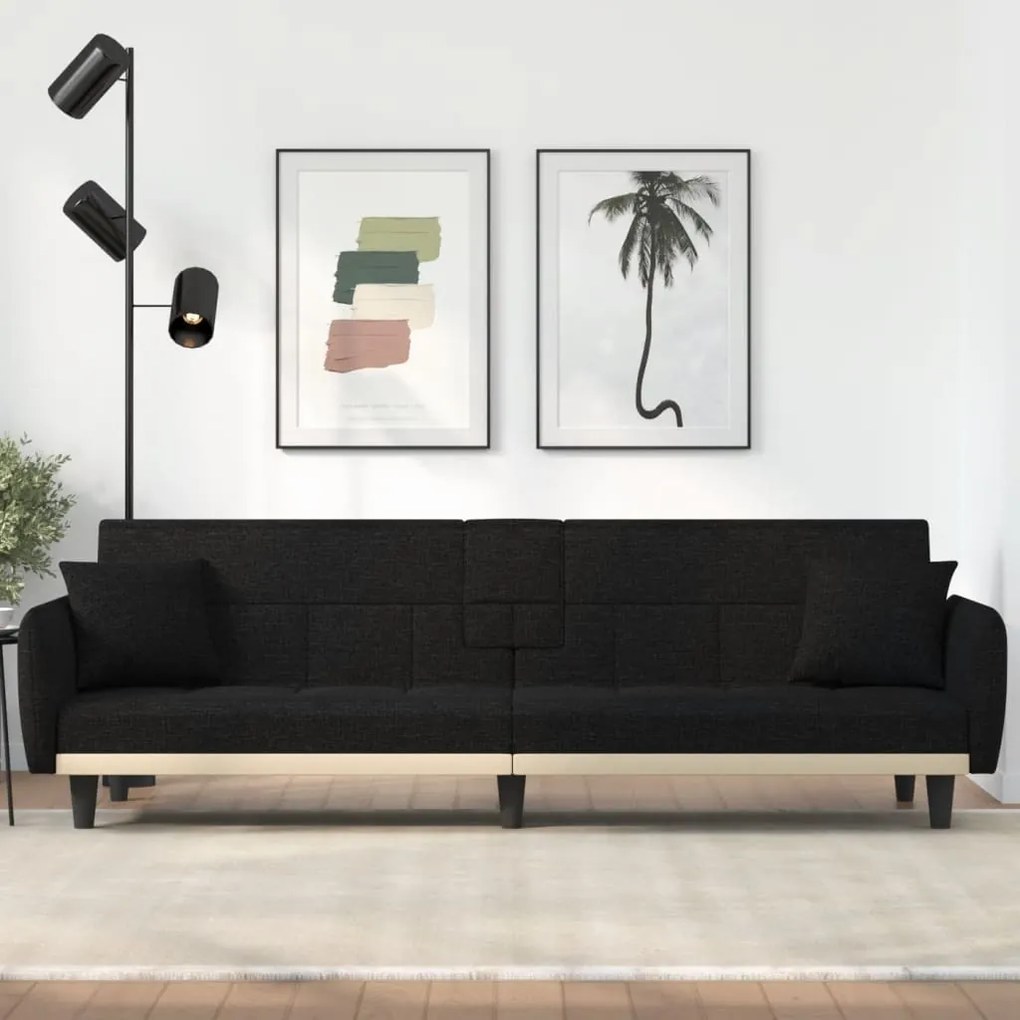 vidaXL Sofá-cama com suporte para copos tecido preto