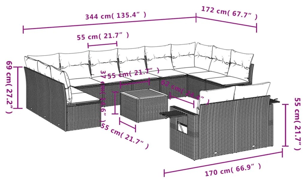 13 pcs conjunto sofás p/ jardim c/ almofadões vime PE cinzento