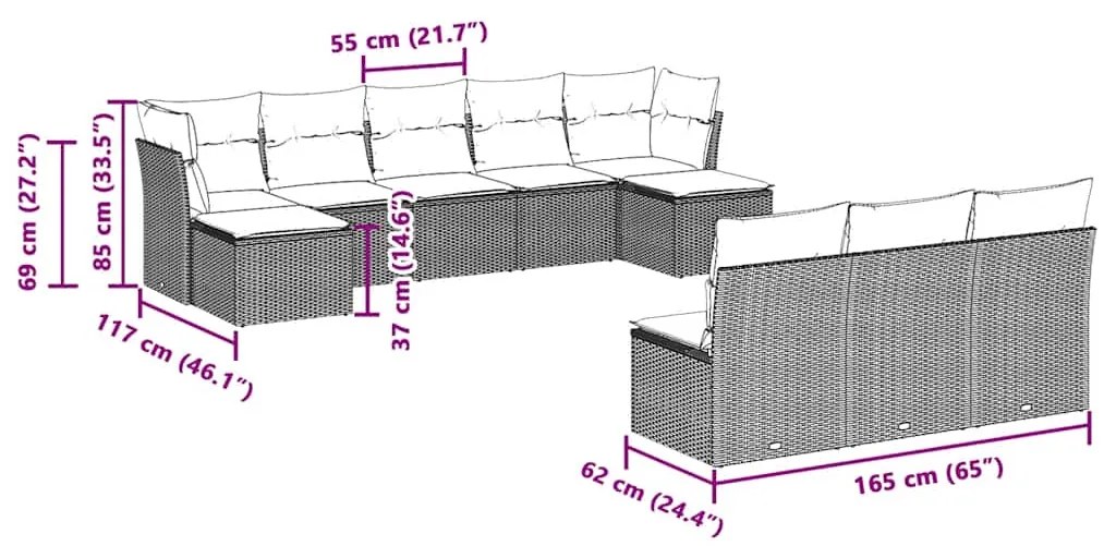 10 pcs conj. sofás jardim com almofadões vime PE cinzento-claro