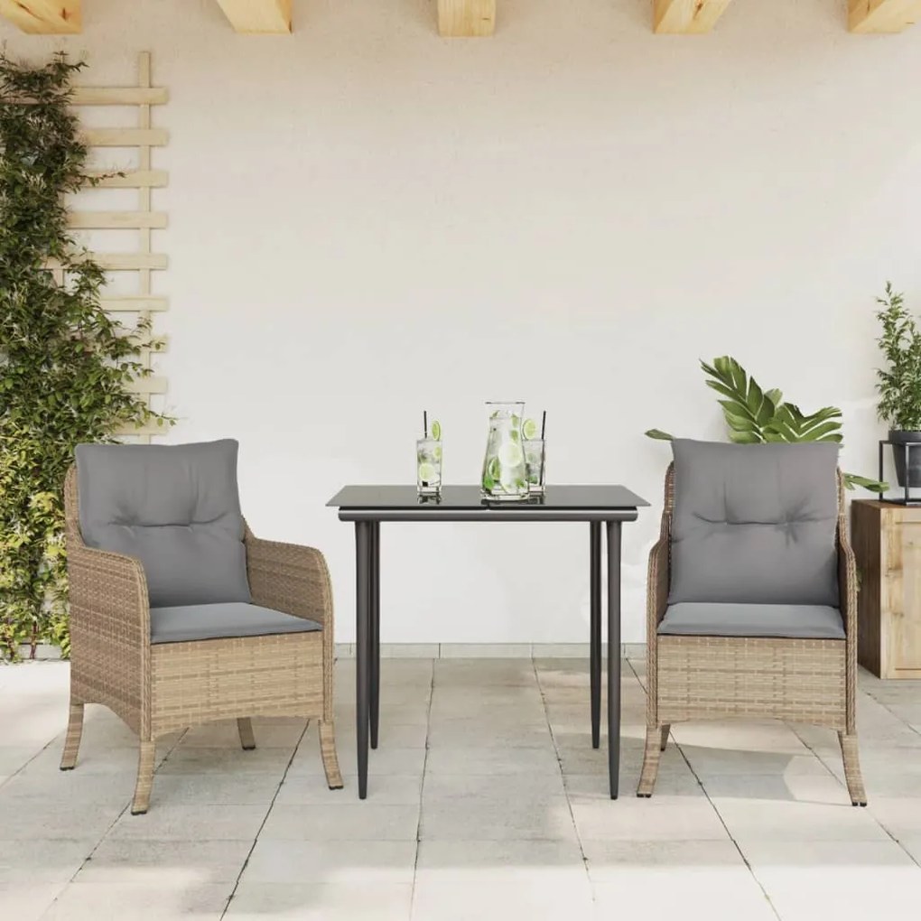 3 pcs conjunto de jantar p/ jardim com almofadões vime PE bege