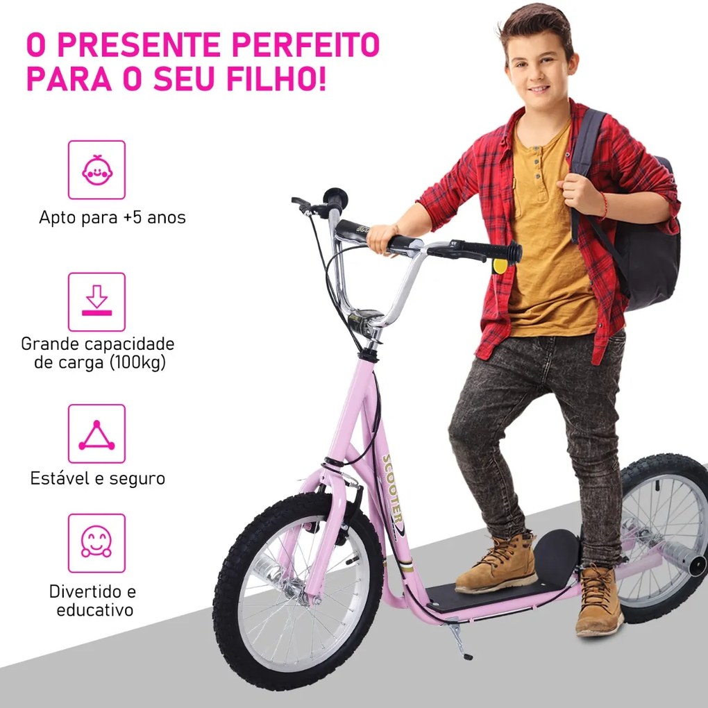 Trotinete para Crianças acima de 5 anos Scooter de 2 Rodas Grandes Insufláveis de 16 Polegadas com Freios e Guidão Ajustável em Altura 143x58x92-100cm