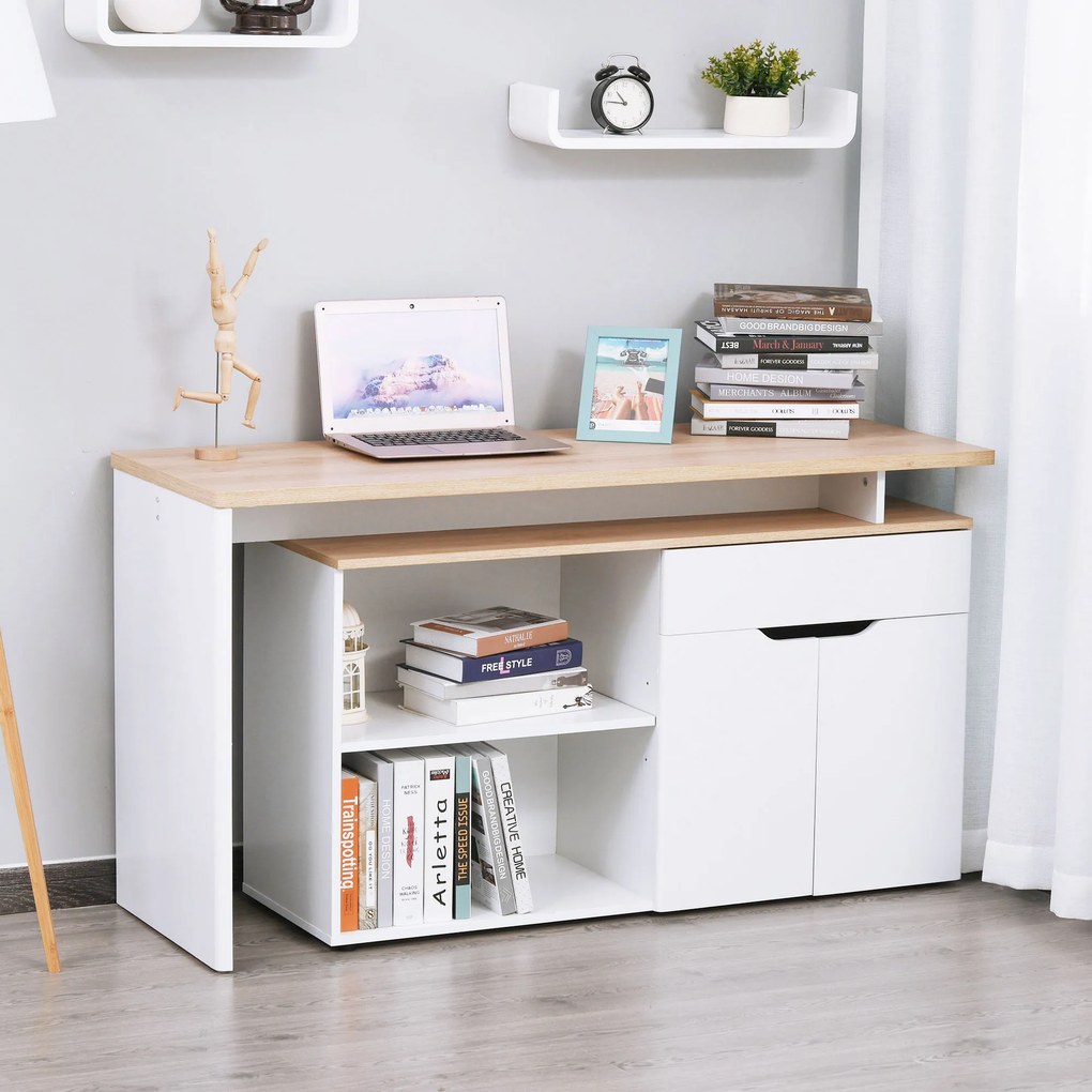 Secretária multimédia modular com vários compartimentos abertos, duplo nicho + gaveta e armário em madeira