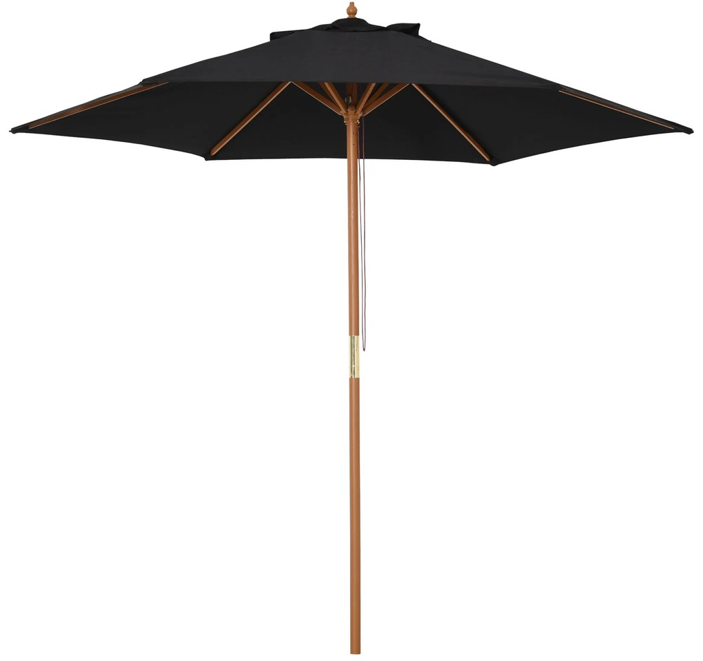 Outsunny Chapéu de Sol de Madeira Ø250x230 cm para Exterior com 6 Hastes Sistema de Corda com Fixação Desmontável Portátil Preto