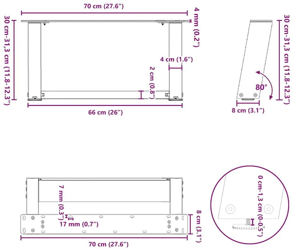 Pés para mesa de centro em formato de U, 2 peças, branco, 70x(30-31) c