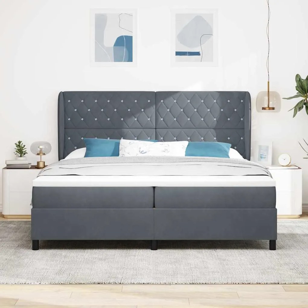 Cama Box com Colchão Cinza Escuro 200x200 cm em Veludo