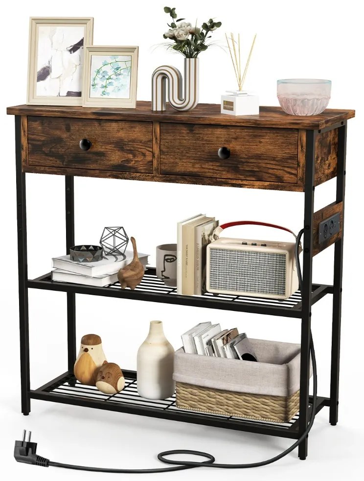 Mesa Consola 81 x 30 x 81 cm Hall de Entrada com Estação de Carregamento e Tomadas USB com Gavetas Prateleiras para Sofá Castanho