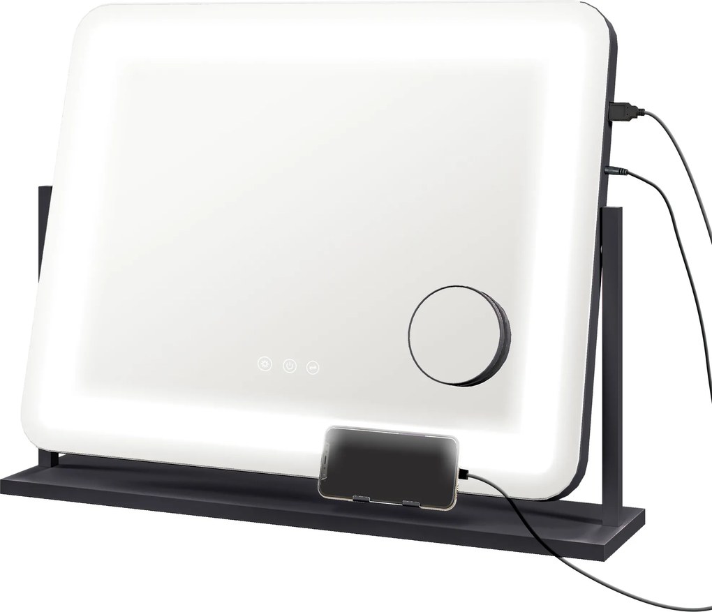 HOMCOM Espelho LED Iluminado intensidade ajustável 3 modos de iluminação, ampliação 10X, porta de carregamento USB, controle por toque 62,5 x 52 cm | Aosom Portugal